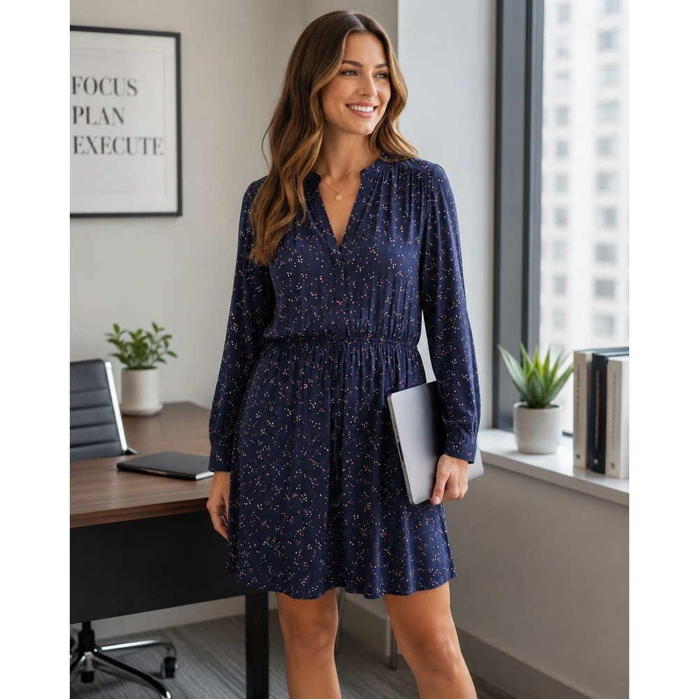 Gap Womens Size Medium Navy Blue Polka Dot Tie Waist Shift Dress Long Sleeve